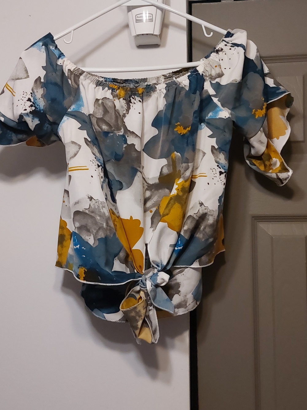 Off-Shoulder Knot Front Floral Blouse - White/Blue/Yellow